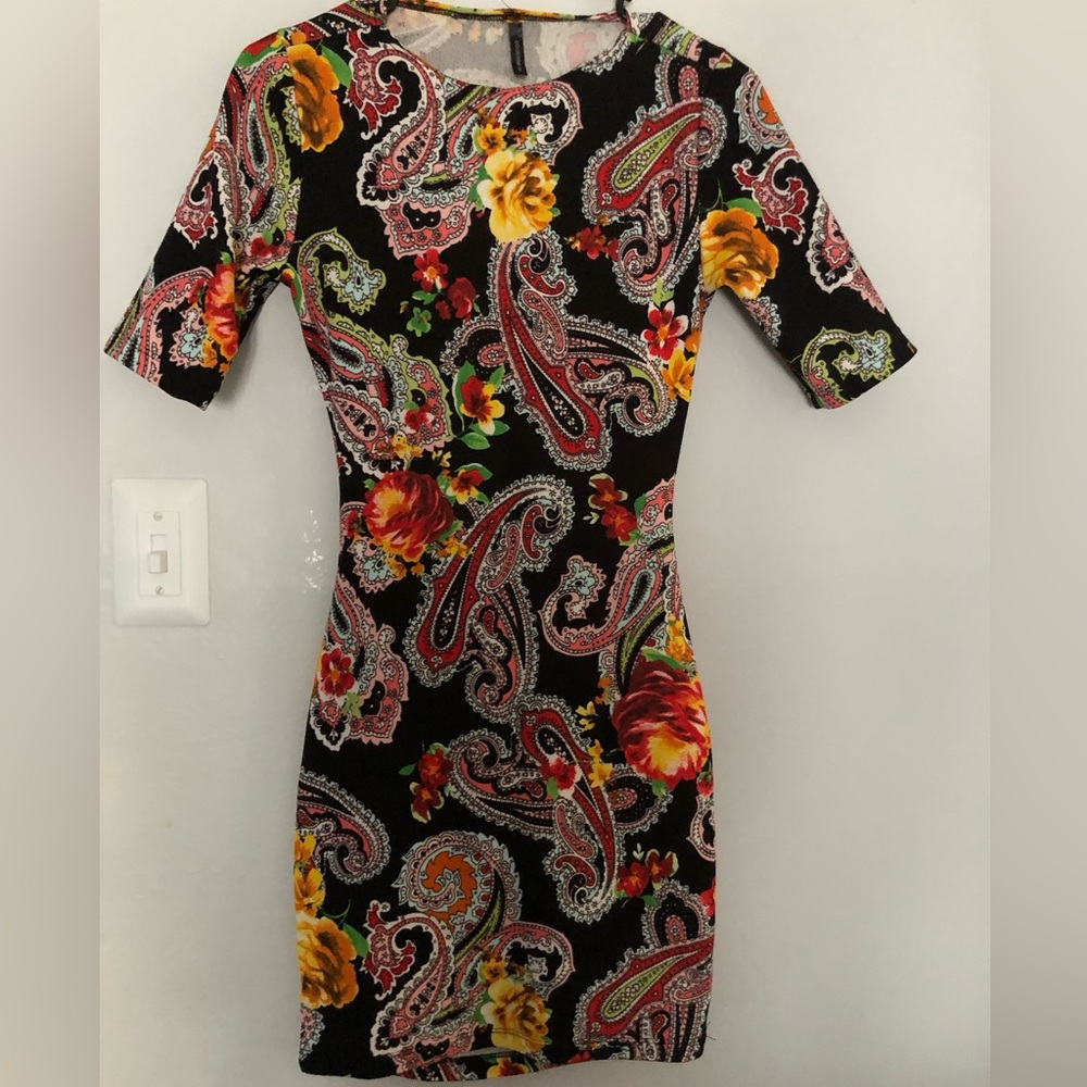 Floral Paisley Midi Dress in Black with Red & Yellow
